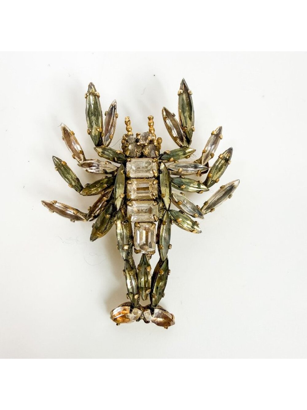 Vintage Lobster Crawfish Smoky Gray Rhinestone Navette Brooch Gold Tone